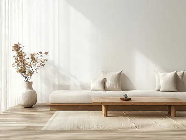Beige sofa on a jute rug in a minimalist living room with a neutral wall and vase of dried grass.