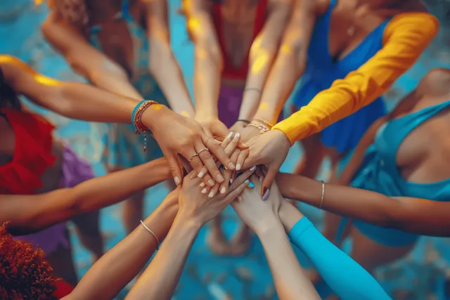 Multicultural women hold hands in a circle outdoors, cheering with warm unity