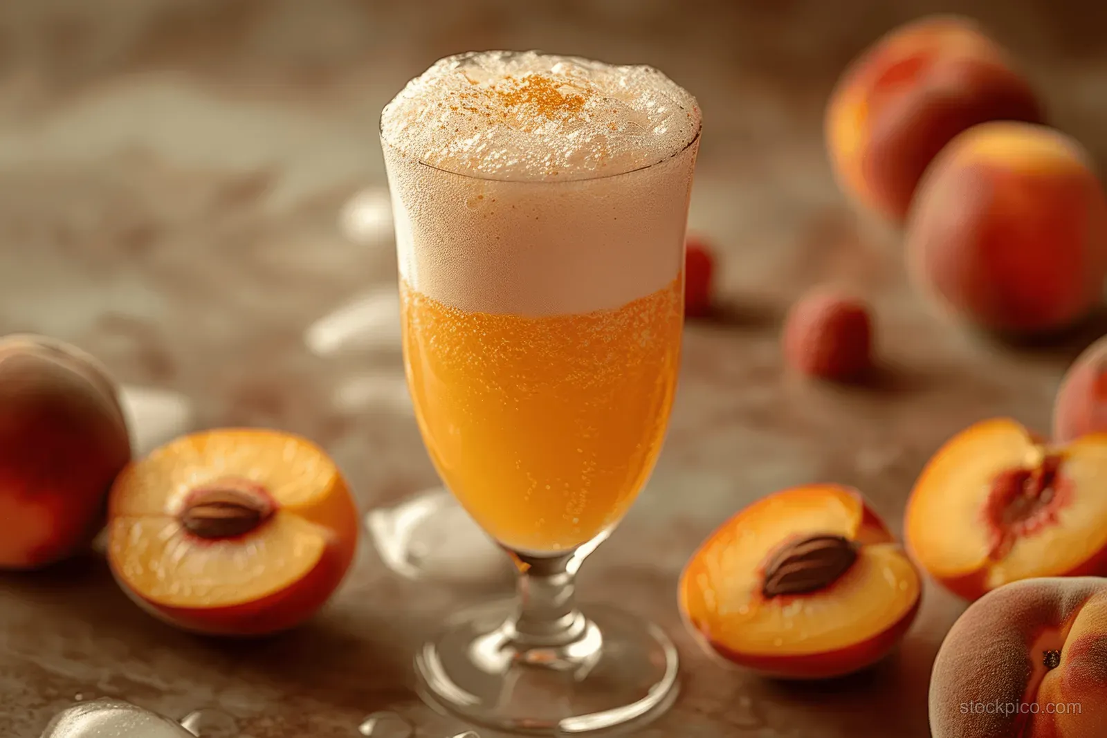 Peach cocktail in a champagne flute with frothy foam and peach slices on a warm gradient background.
