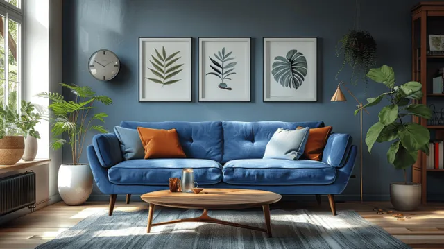 Scandinavian living room with blue sofa, wooden coffee table, framed wall posters, and plants near a sunlit window.