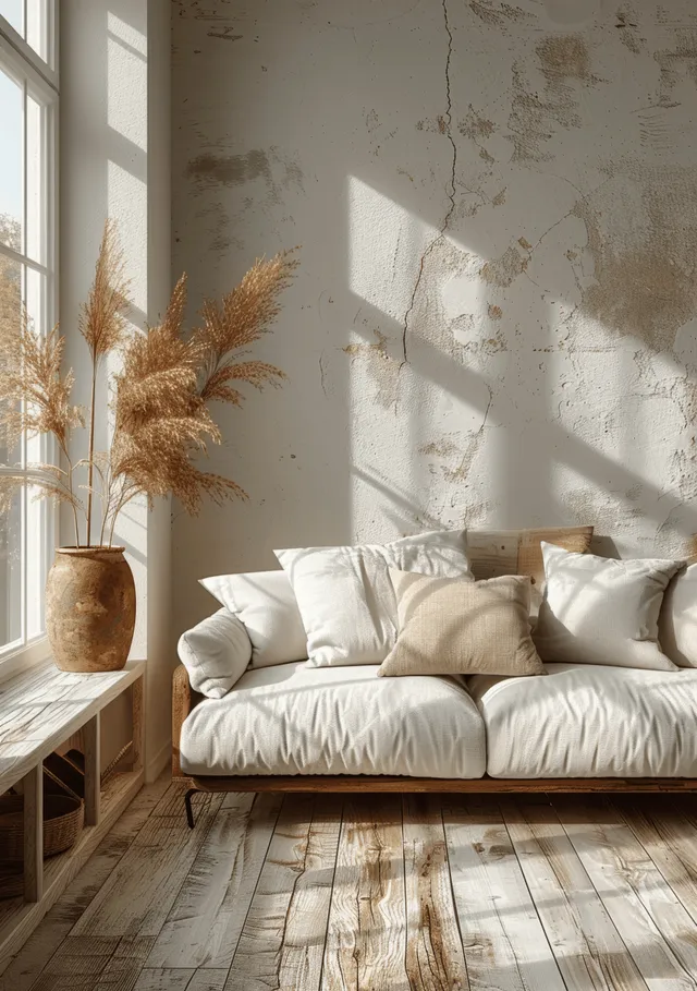 Coastal living room interior with white sofa, parquet floor, and warm sunlit shadows