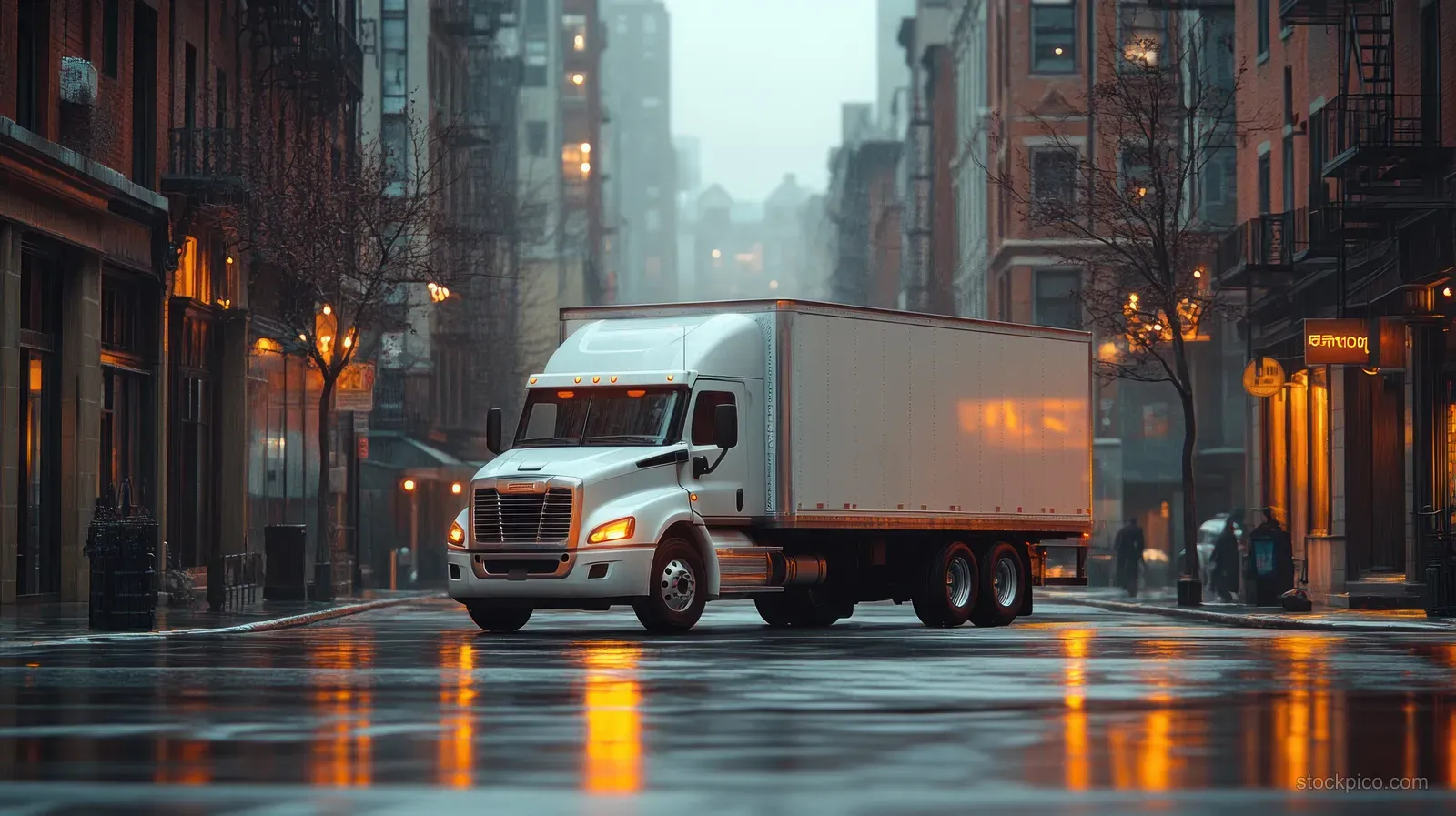 White delivery truck in side view drives on a rainy city street with reflections under glowing lights.