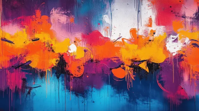 Abstract graffiti mural with neon orange, pink, and cyan paint splashes and drips on a concrete wall.