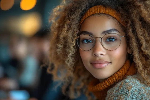Young woman with curly hair and glasses smiling in a cozy office background