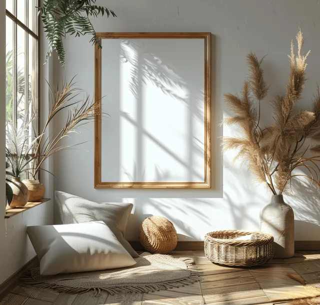 Blank A4 frame mockup in Scandinavian living room, wooden chair and rattan details