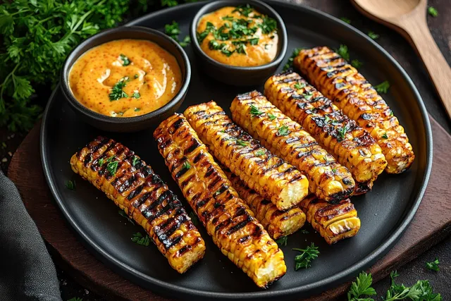 Charred grilled corn on a black plate with chopped herbs and two bowls of creamy dipping sauce.