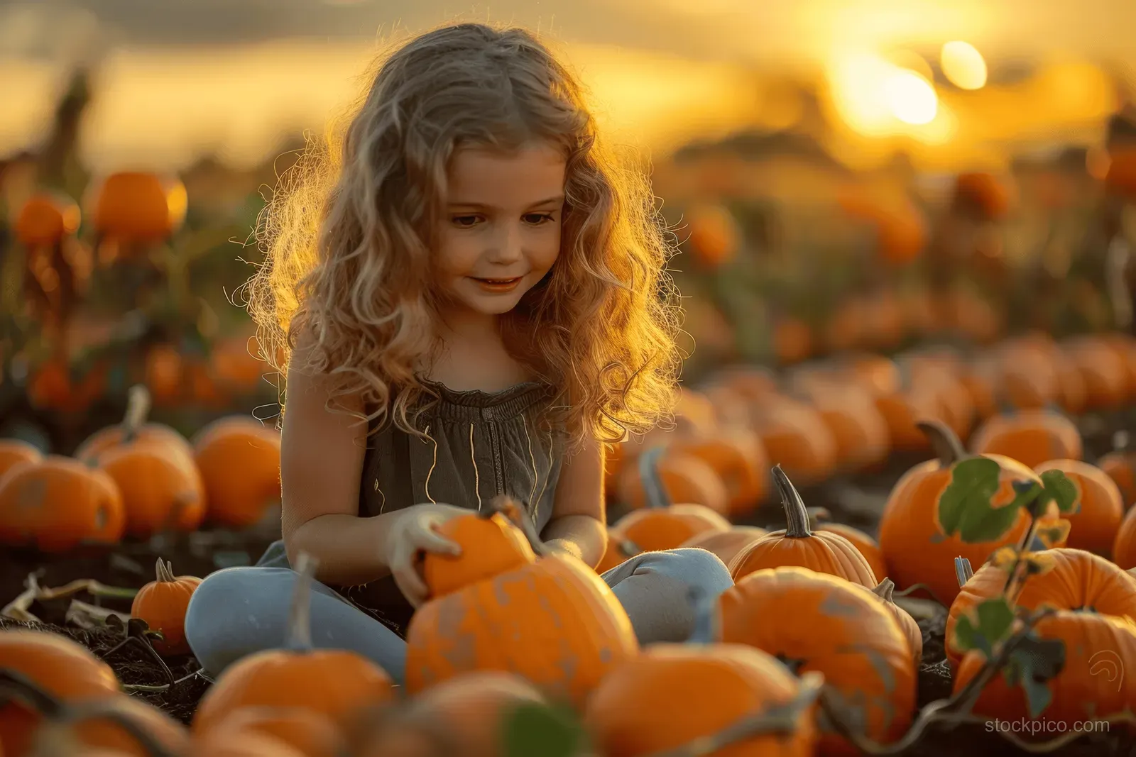A curly-haired girl reaches for an orange pumpkin among many pumpkins in a sunset-lit field.