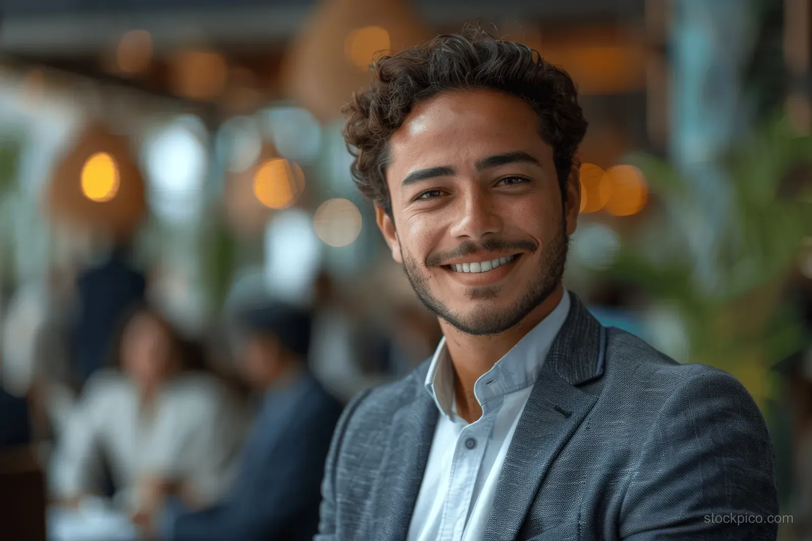 Smiling young Arabian businessman in a suit stands in a modern office with blurred coworkers behind him.
