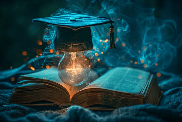 Graduation cap and open book with glowing learning icons floating through blue classroom smoke.