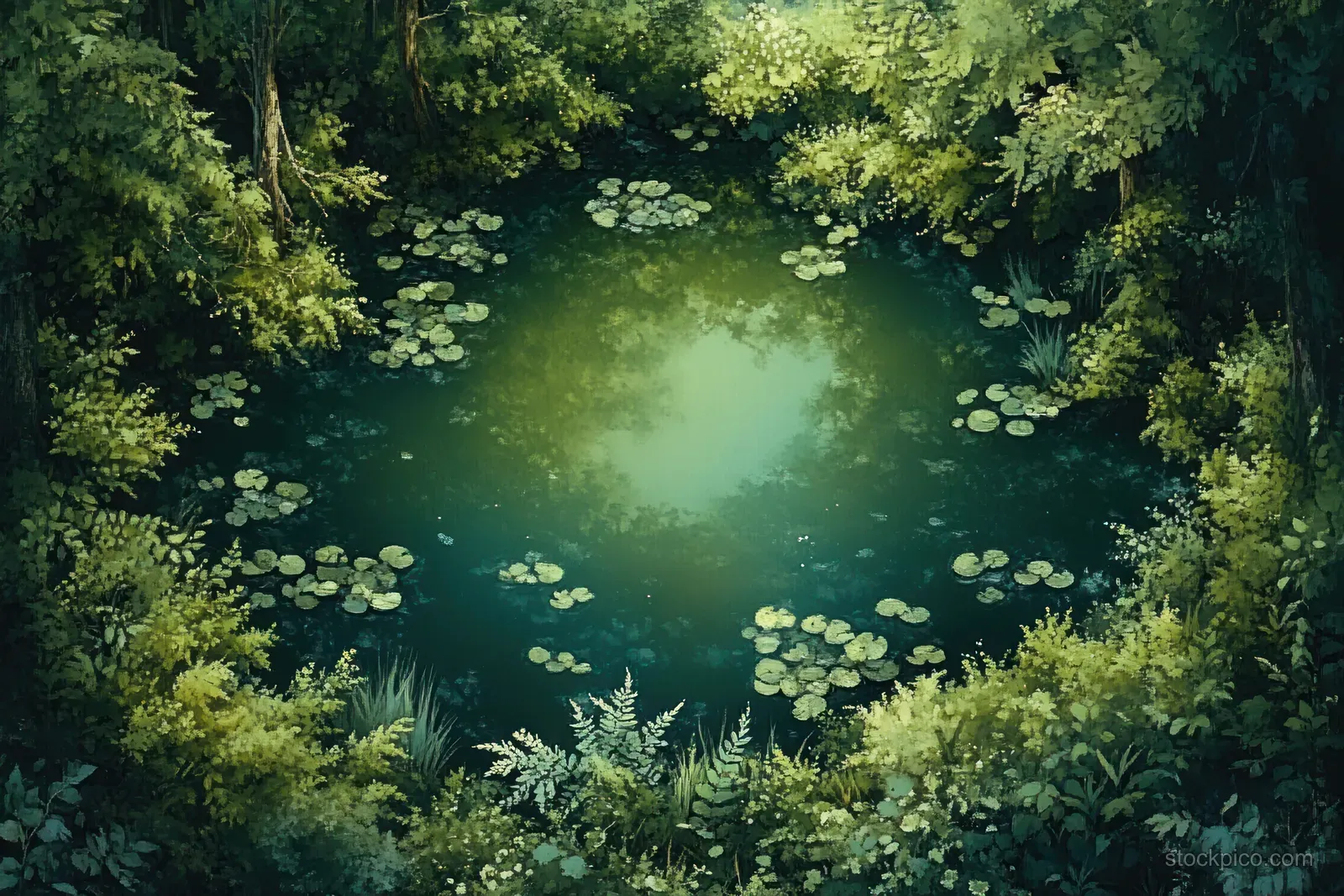 Aerial view of a still green pond surrounded by dense trees and floating lily pads.