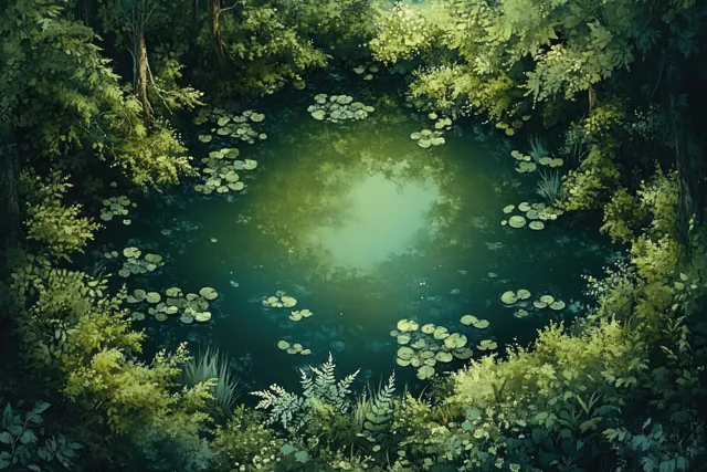 Aerial view of a still green pond surrounded by dense trees and floating lily pads.