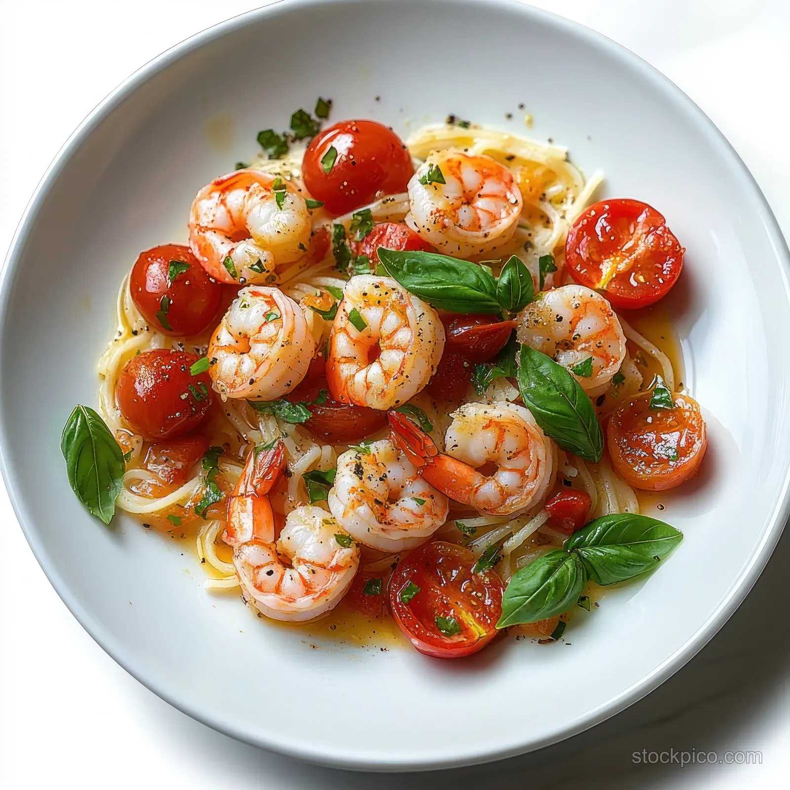 Shrimp spaghetti with cherry tomatoes and basil on a white plate.