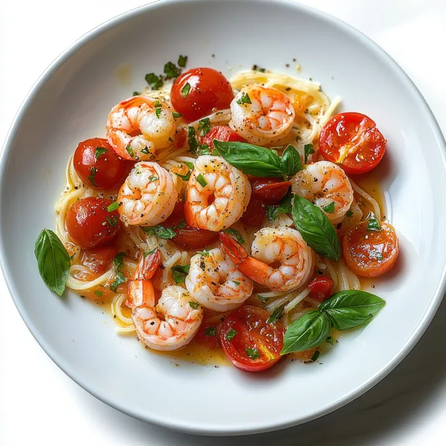 Shrimp spaghetti with cherry tomatoes, basil, and olive oil on white plate