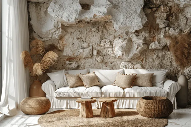 Minimal living room corner with white sofa, beige cushions, and textured stone wall