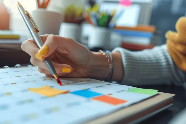 Businesswoman marks dates on a desk calendar with sticky notes and smartphone