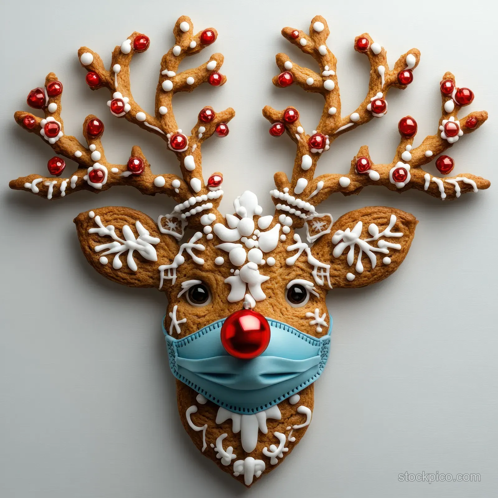 Centered reindeer face mask with gingerbread antlers, red nose ornament, and snowflake decorations on a dark background.