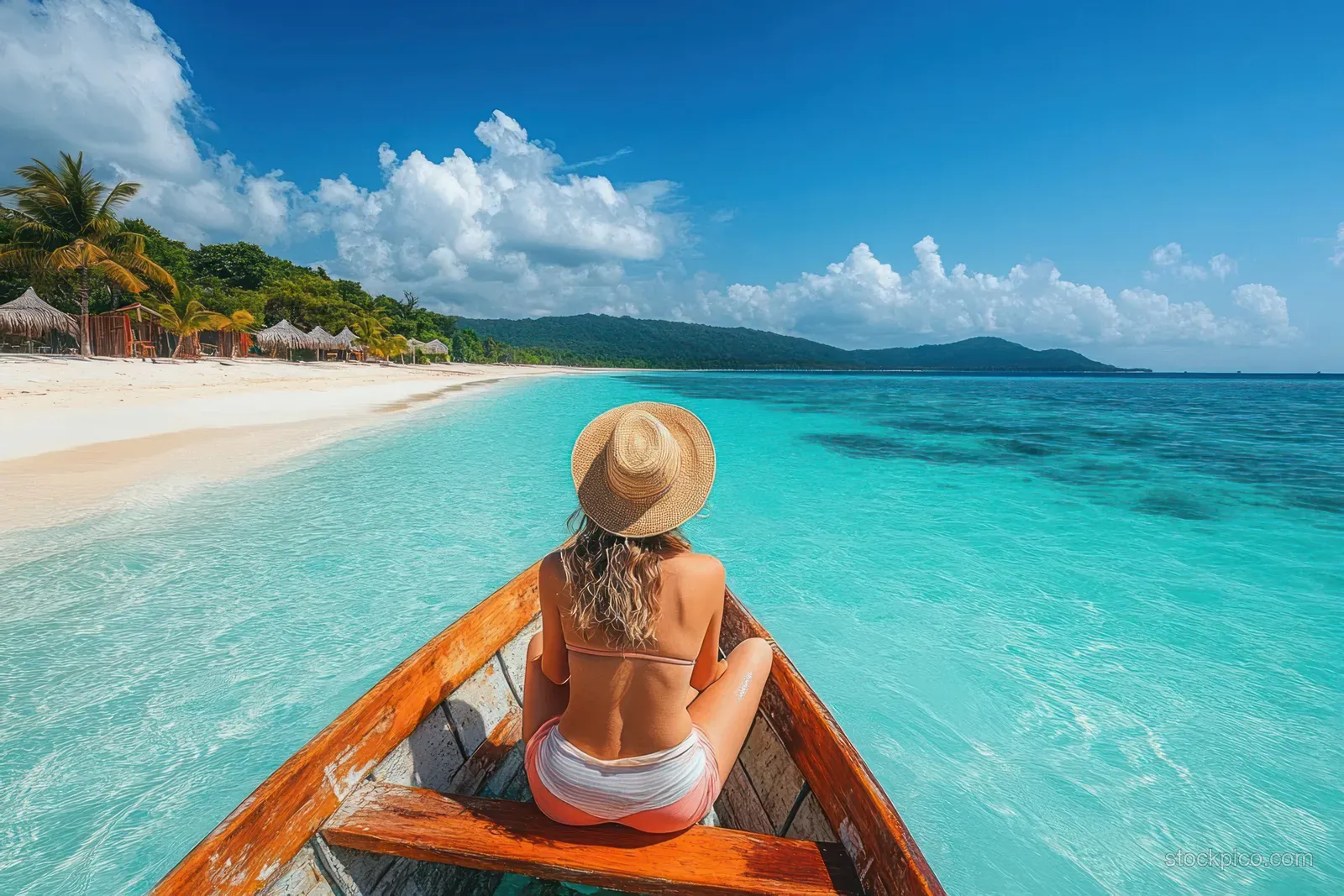 A woman in a straw sunhat relaxes on a wooden boat bow, gazing at a tropical beach and turquoise ocean.
