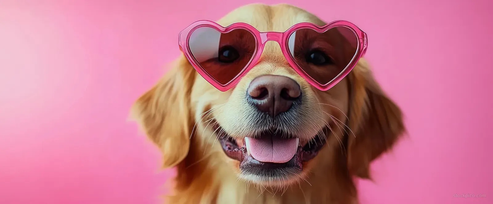 Smiling golden retriever wearing pink heart-shaped sunglasses against a bright pink background.