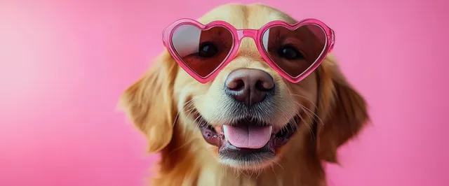 Smiling golden retriever dog wearing pink heart sunglasses on bright pink background