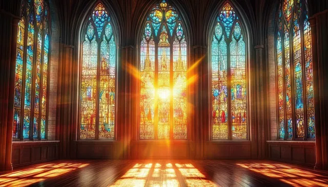 Inside a Gothic cathedral, glowing stained glass windows cast colorful reflections onto a wooden floor.