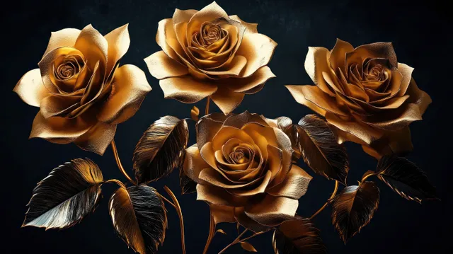 Golden 3D roses on dark background, glossy metallic petals with dramatic spotlight