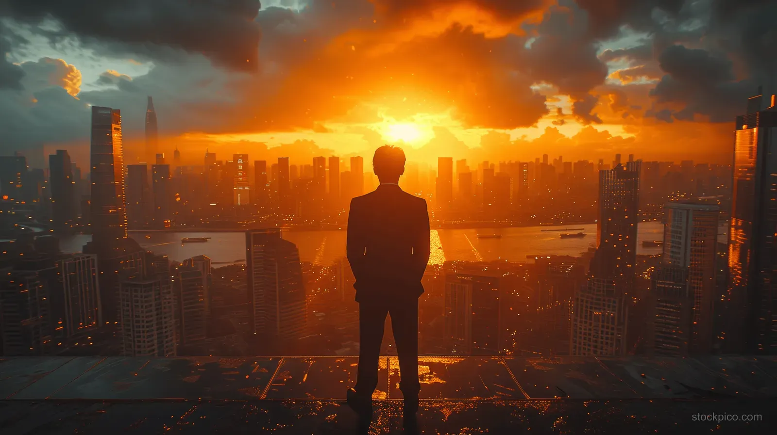 Silhouetted young businessman stands on a high-rise balcony facing a sunset city skyline.