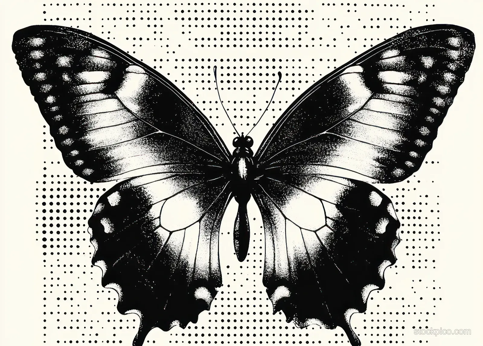 Detailed black and white butterfly illustration with symmetrical wing patterns on a dotted stipple background.