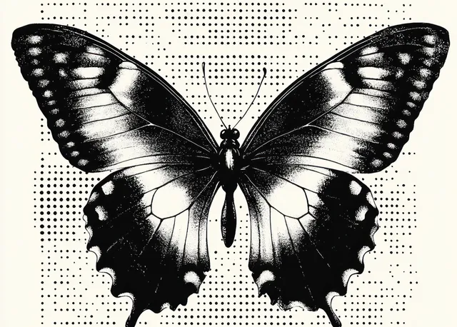 Black and White Butterfly Illustration with Symmetrical Wing Patterns on Dotted Background