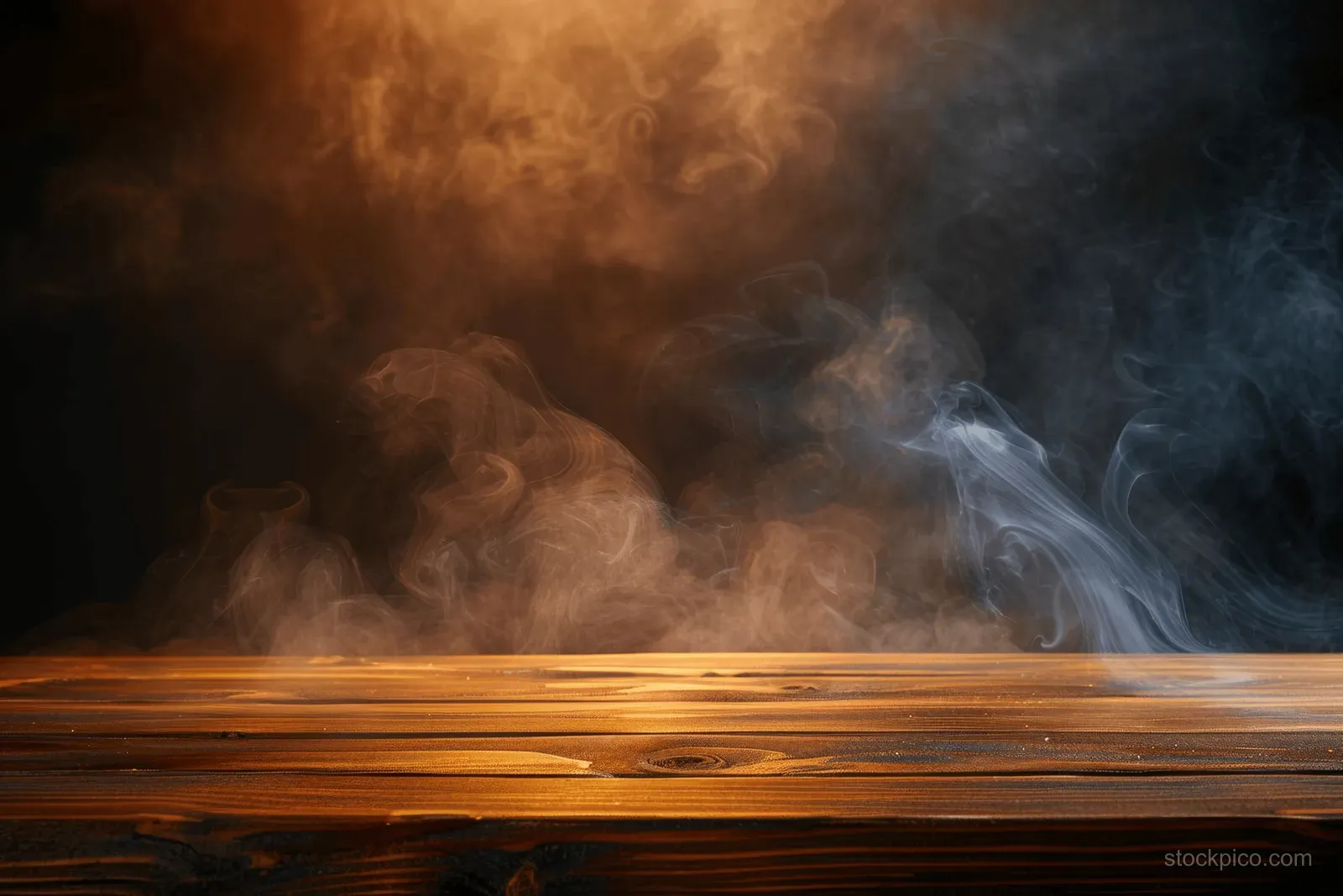 Empty rustic wooden table on a dark background with swirling smoke rising above the surface.