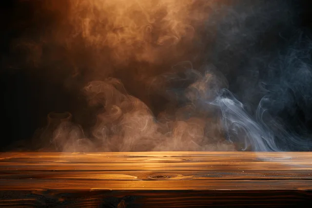 Empty rustic wooden table on a dark background with swirling smoke rising above the surface.