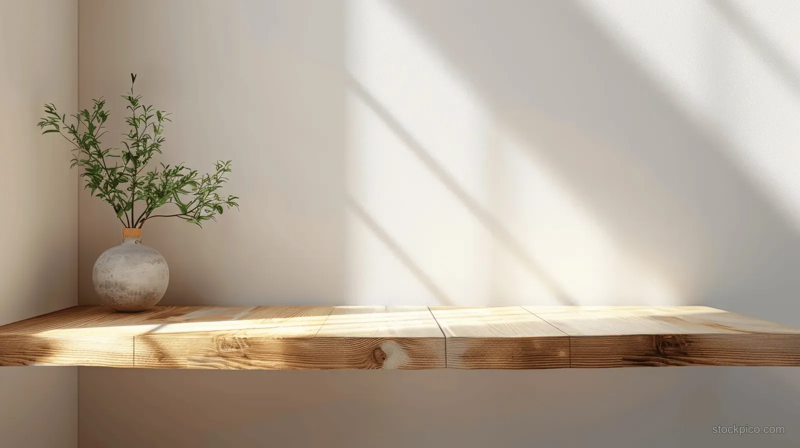 Sunlit minimal wooden table with visible wood grain and a small vase holding a green plant on the corner.