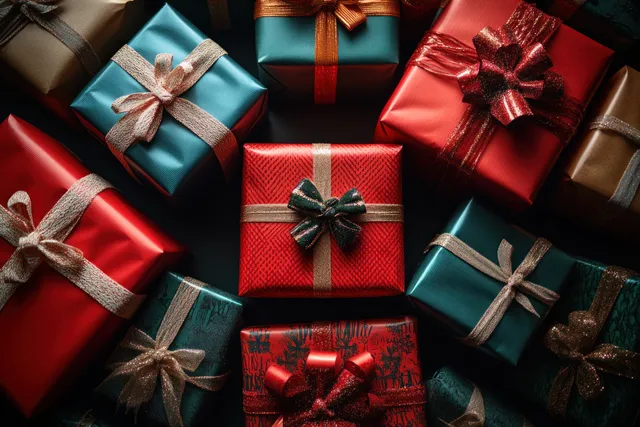 Wrapped Christmas presents in red and teal form a circular arrangement with satin ribbons and bows.