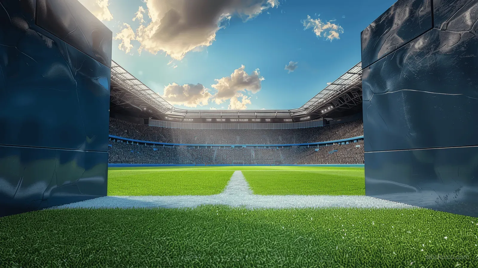A football stadium entrance tunnel frames a sunlit green pitch with cheering fans under a cloudy sky.