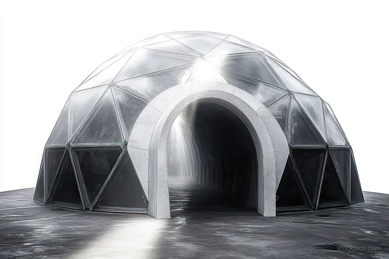 Geodesic dome exterior with a large arched entrance and reflective triangular panels under bright lighting.