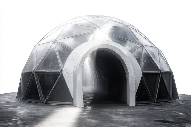 Geodesic dome exterior with a large arched entrance and reflective triangular panels under bright lighting.