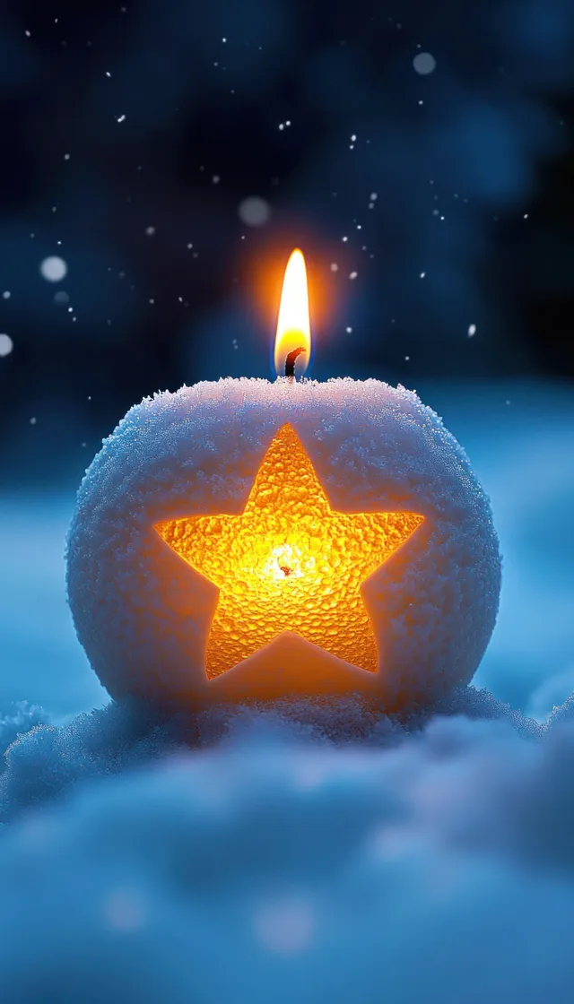 A glowing candle with a star-shaped cutout inside a snow-covered sphere, softly lit in a blue winter night.