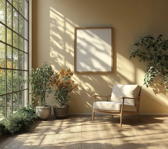 Blank square picture frame on a wall beside a light chair and potted plants, lit by soft sunlight across a wooden floor.