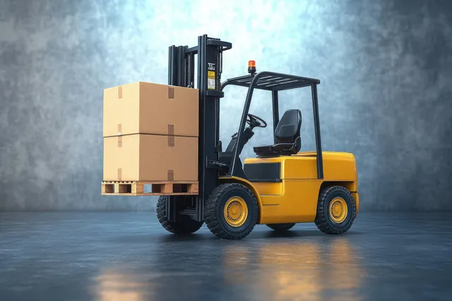 A yellow forklift lifts two cardboard boxes on a wooden pallet inside an industrial warehouse under soft light.