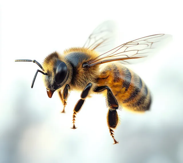 Honeybee in Flight with Fuzzy Body and Translucent Wings