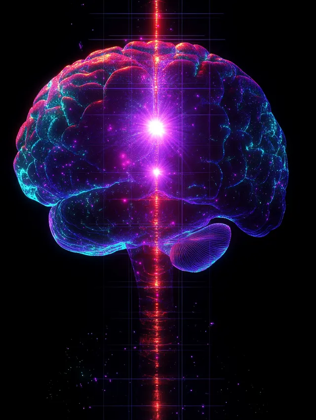 Glowing digital brain with illuminated neural pathways floating over a cosmic starfield
