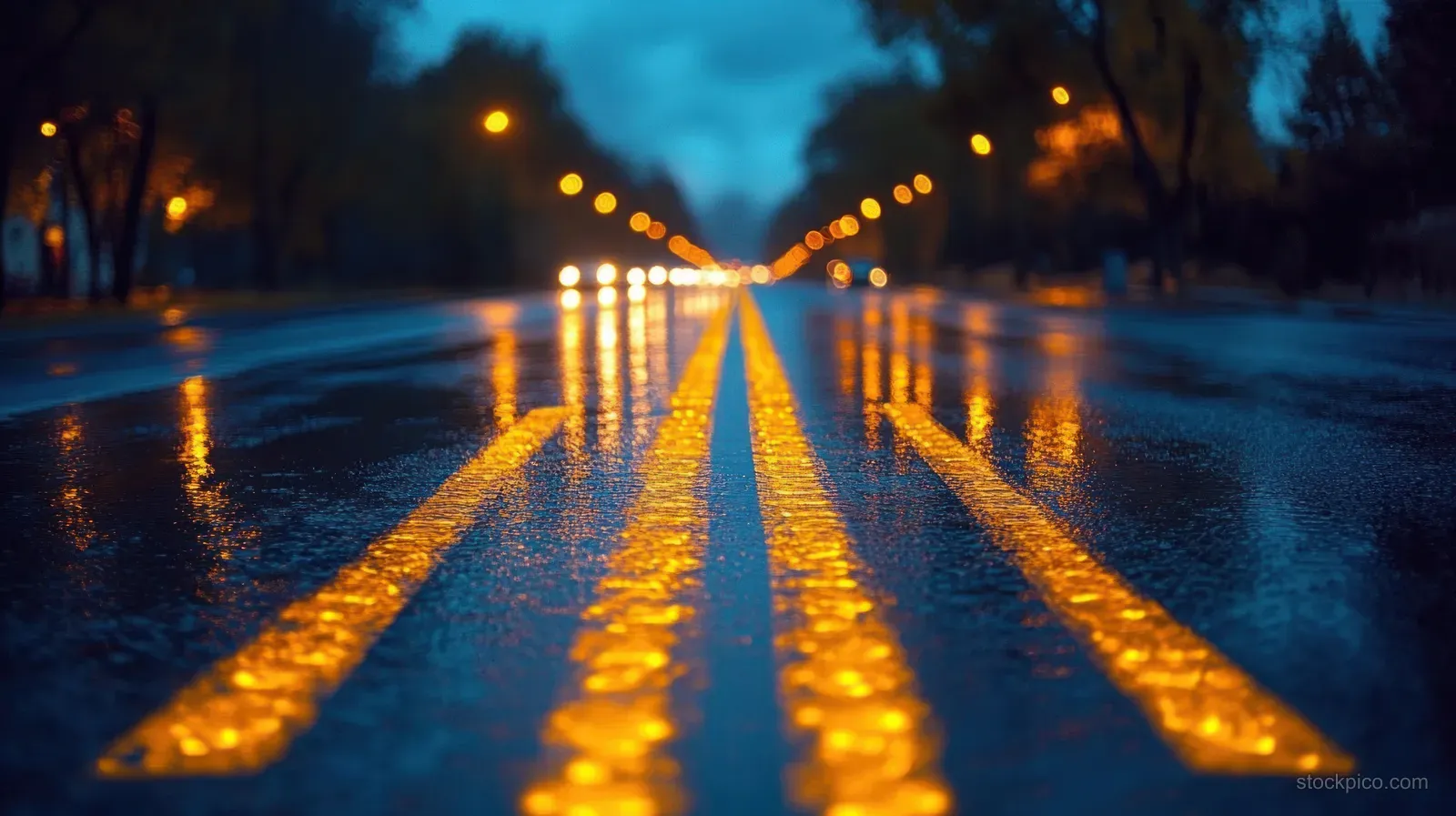Wet road at dusk with glowing yellow lane markings reflecting light and distant blurred car headlights.