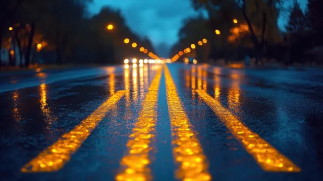 Wet road at dusk with glowing yellow lane markings reflecting light and distant blurred car headlights.