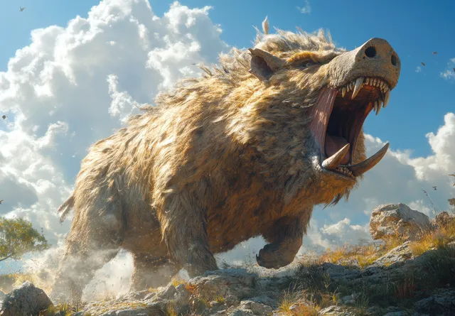 Entelodon prehistoric boar-like creature roaring in rocky grassland under dramatic sunlight