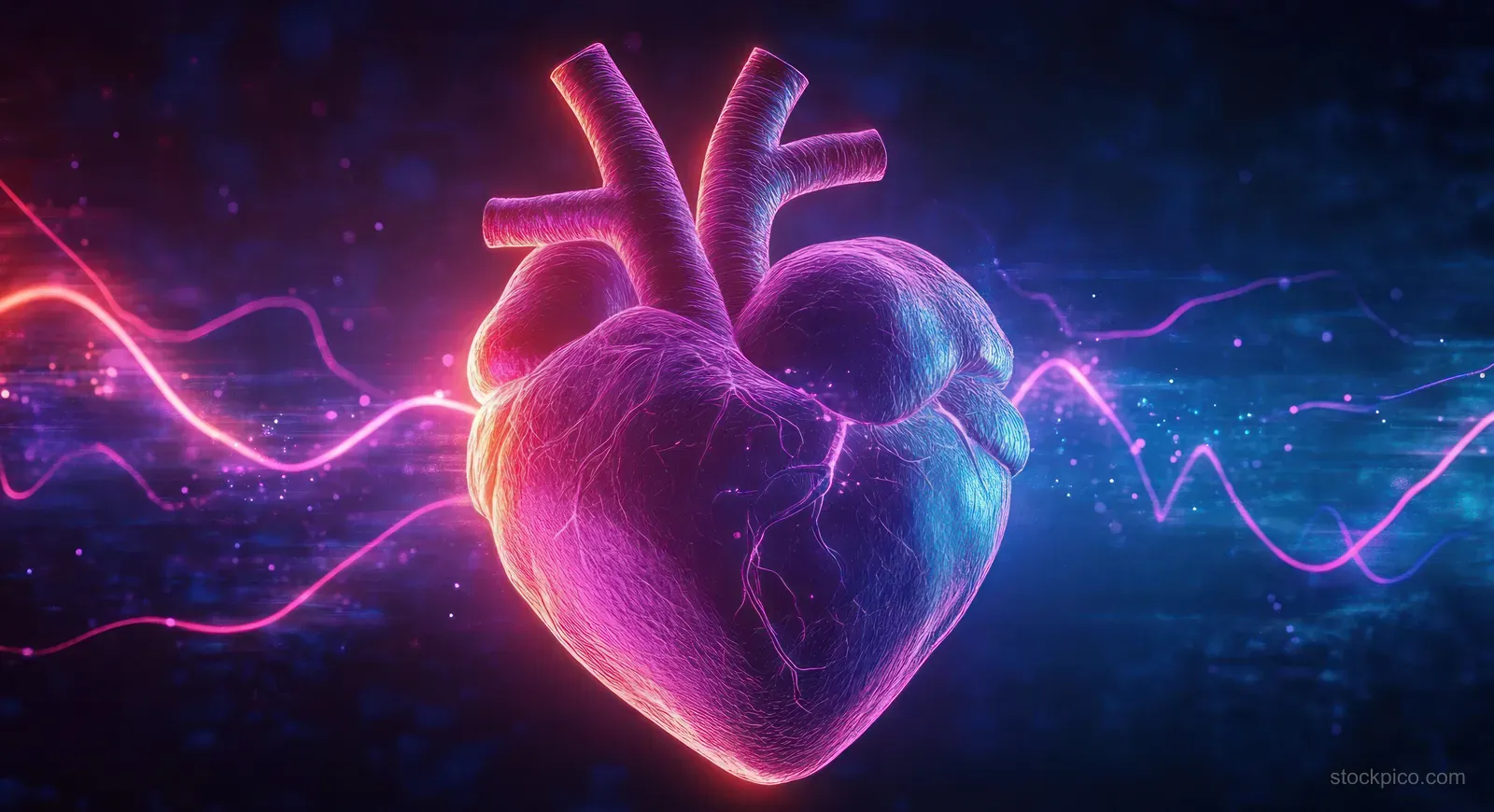 A glowing anatomical human heart floats amid neon purple and pink pulse wave lines on a dark digital background.