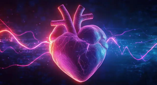 A glowing anatomical human heart floats amid neon purple and pink pulse wave lines on a dark digital background.