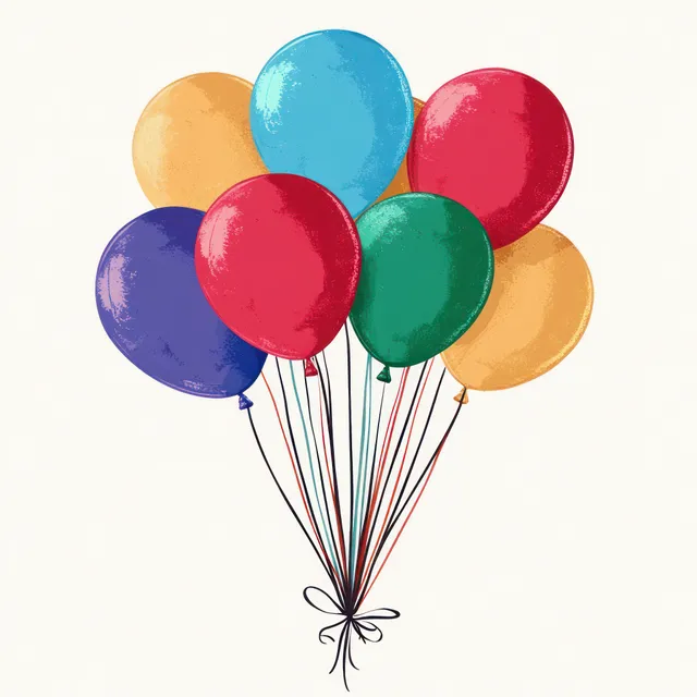 Colorful balloons tied together, floating against a clean light background