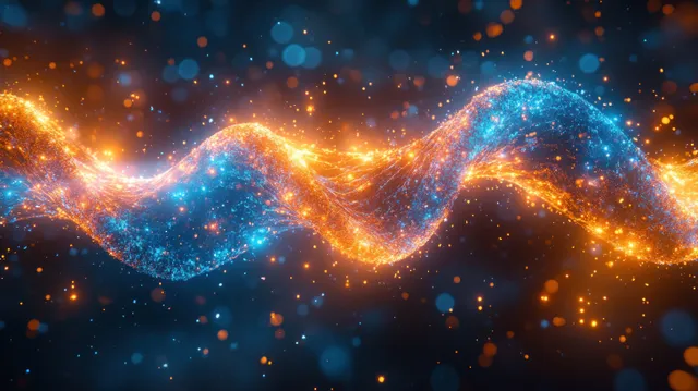 Illuminated DNA double helix glowing blue and orange with sparkling bokeh background