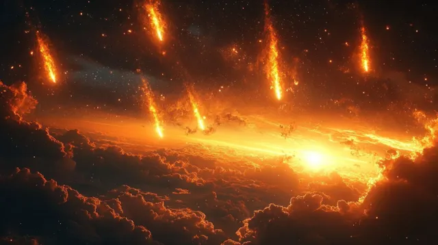Fiery meteors streak across a twilight sky above dark clouds.