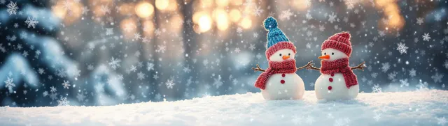 Two knitted snowmen in a snowy winter scene with gently falling snowflakes and softly glowing trees in the background.