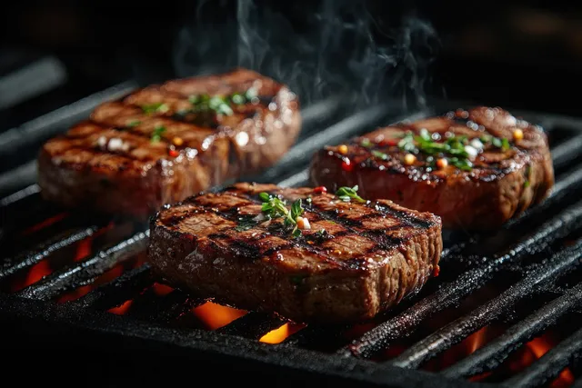 Juicy grilled beef steaks on hot grill grates with fresh rosemary smoke and charred edges